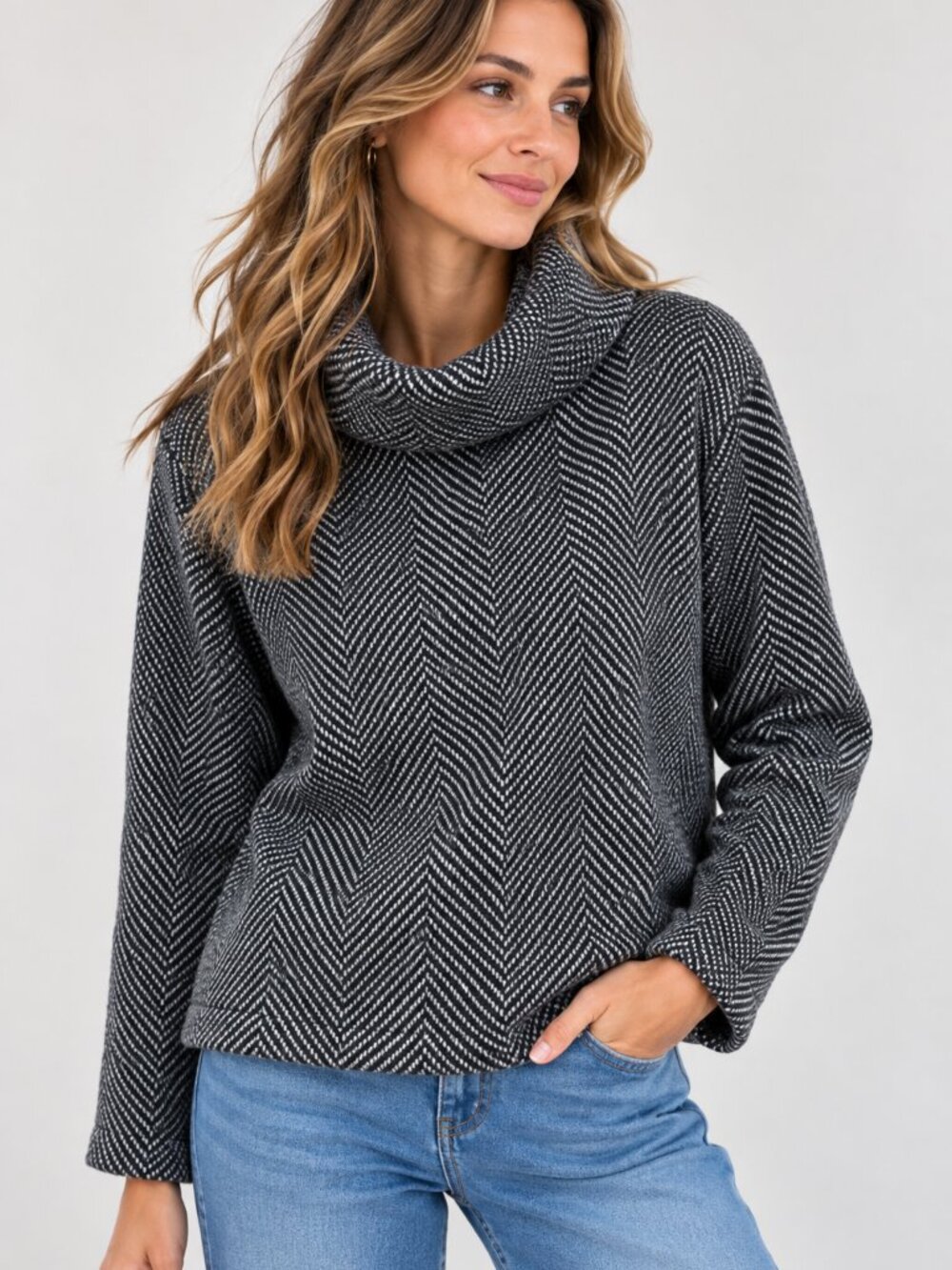 J.Crew Womens S Herringbone Cowl Neck Fleece Pullover Black White Preppy 1488